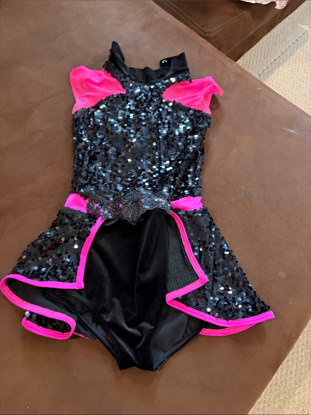 Weissman Kids Black Sequin Dance Recital  Costume with Hot Pink Trim
